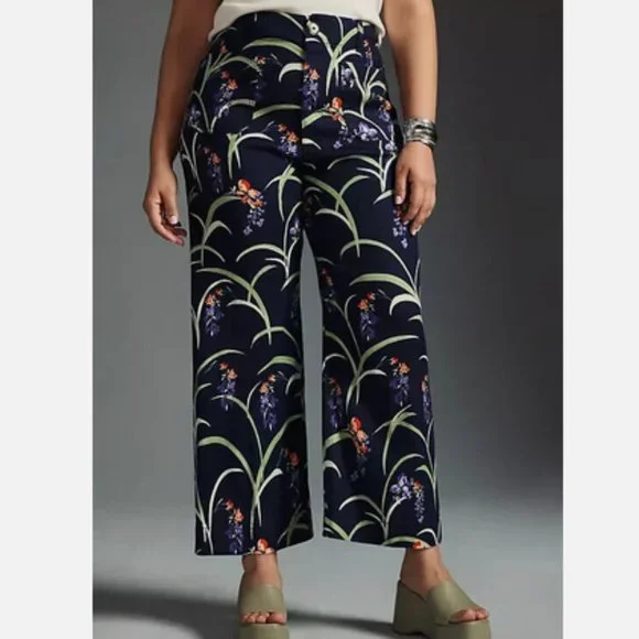 Anthropologie Maeve 27 NWT The Colette Cropped Wide-Leg Pants Dark Blue Floral